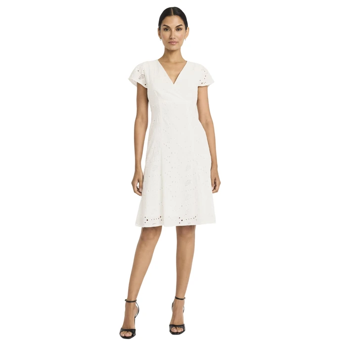 Maggy London Women's Eyelet Fit and Flare Cap Sleeve V-Neck-Knee Length Special Occasion Cocktail Dress, White by Maggy London - Used - Like New condition