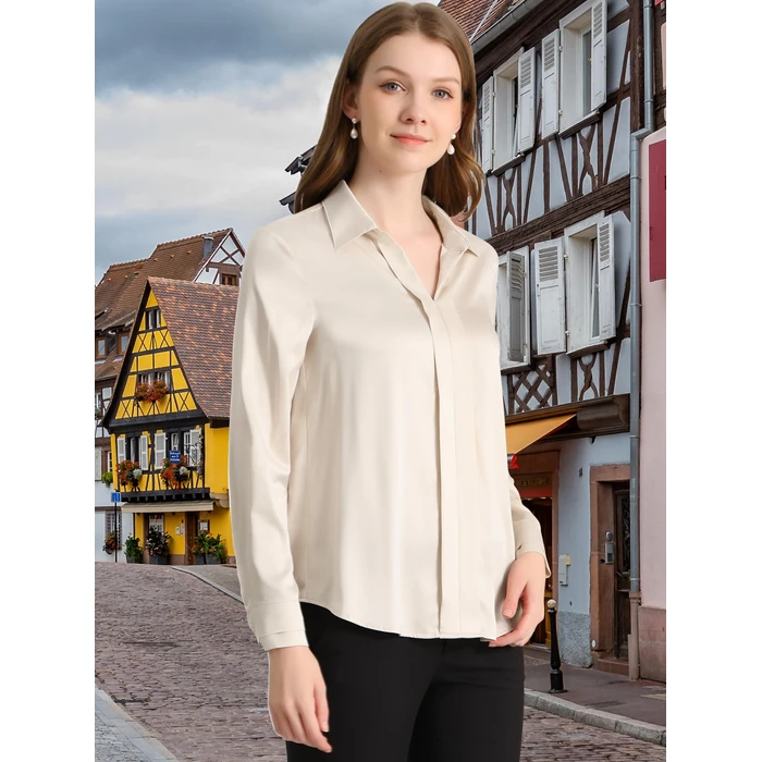 Allegra K Women's Silk Top Elegant V Neck Satin Blouse Long Sleeve Dressy Business Shirt Work Tops 2025 X-Large Apricot by Allegra K - Image 4