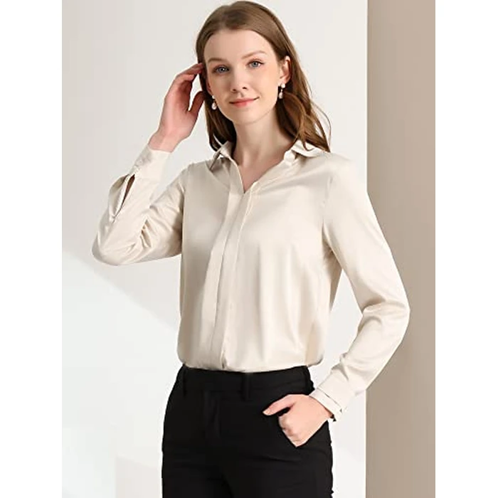 Allegra K Women's Silk Top Elegant V Neck Satin Blouse Long Sleeve Dressy Business Shirt Work Tops 2025 X-Large Apricot by Allegra K - Image 8