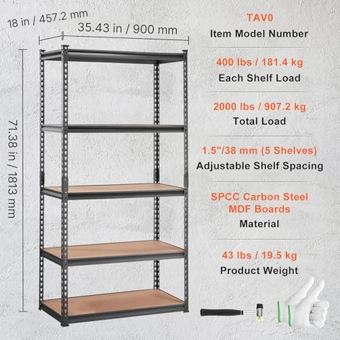VEVOR Storage Shelving Unit, 5-Tier Adjustable, 2000 lbs Capacity, Heavy Duty Garage Shelves Metal Organizer Utility Rack, Black, 36" L x 18" W x 72" H for Kitchen Pantry Basement Bathroom Laundry by VEVOR - Image 7