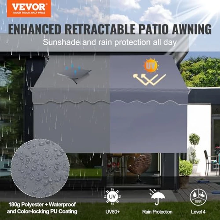 VEVOR Manual Retractable Awning, 78" Outdoor Retractable Patio Awning Sunshade Shelter, Adjustable Patio Door Window Awning Canopy with 39" Sun Shade Curtain for Backyard, Garden, Balcony by VEVOR - Image 2