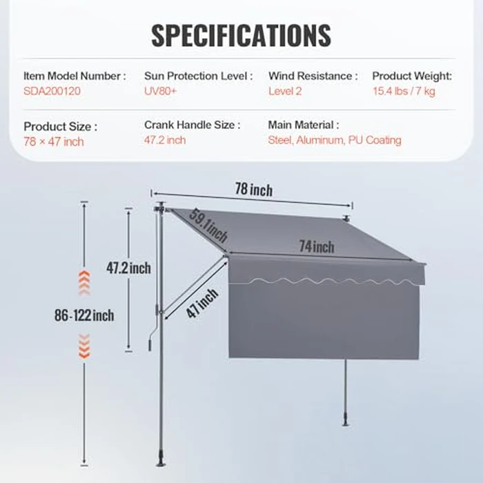 VEVOR Manual Retractable Awning, 78" Outdoor Retractable Patio Awning Sunshade Shelter, Adjustable Patio Door Window Awning Canopy with 39" Sun Shade Curtain for Backyard, Garden, Balcony by VEVOR - Image 7