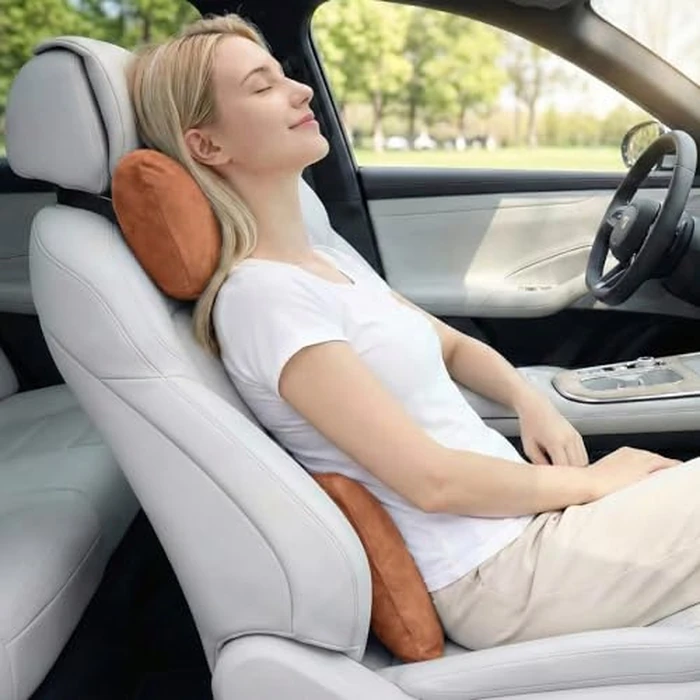 2PCS Welbrit Car Pillow for Car Neck Pillow for Driving Seat Leather Neck Support Soft Cushion Back Support Head-Rests for Vehicle Sleeping with Elastic Adjustment Strap (Brown, Head and Lumbar) by WELBRIT - Image 3
