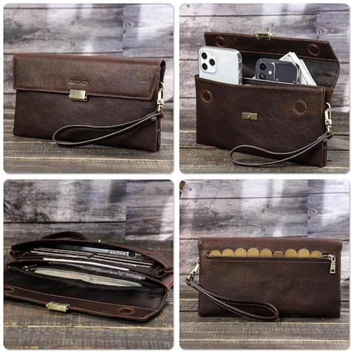 Top Grain Genuine Leather Clutch Wallet with Wristlet for Man & Woman, Handmade Retro Design, Magnetic Push Lock, Multi Pockets/Slots, RFID Large Capacity for Cards/Check/Cash/Coin/Passport, Red Brown by CataPurus - Image 2