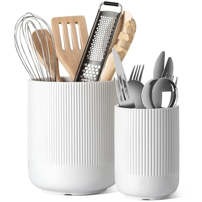 LE TAUCI Utensil Holder for Kitchen Counter, 7.3"+5.4" Fluted Ceramic Utensil Crock Organizer for Countertop, Heavy Large Holder for Spatulas, Spoons, Set of 2, White, Kitchen Counter Decor by LE TAUCI - Used - Very Good condition - US$18.18