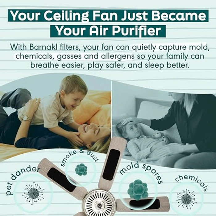 Barnakl Ceiling Fan Air Purifier Pads, Activated Coconut Shell Carbon Fan Filters Trap Dust, Odors & Allergens, Easy-Stick Universal Fit for Ceiling Fan Blades, Odorless & Unscented - (5 Count) by barnakl - Image 2