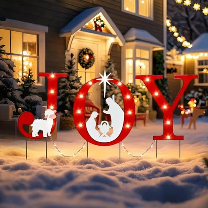 WONDER GARDEN Outdoor Christmas Decorations, 3 PCS Metal Christmas Yard Signs, Joy with Nativity Sets Outdoor and Led Light Xmas Yard Stake for Lawn Religious Scenes Yard Decor by WONDER GARDEN - Used - Very Good condition - US$23.41
