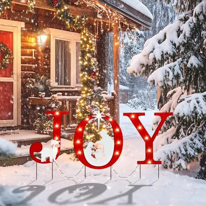 WONDER GARDEN Outdoor Christmas Decorations, 3 PCS Metal Christmas Yard Signs, Joy with Nativity Sets Outdoor and Led Light Xmas Yard Stake for Lawn Religious Scenes Yard Decor by WONDER GARDEN - Image 4