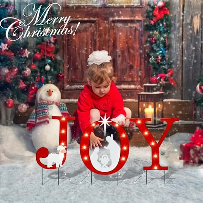WONDER GARDEN Outdoor Christmas Decorations, 3 PCS Metal Christmas Yard Signs, Joy with Nativity Sets Outdoor and Led Light Xmas Yard Stake for Lawn Religious Scenes Yard Decor by WONDER GARDEN - Image 5