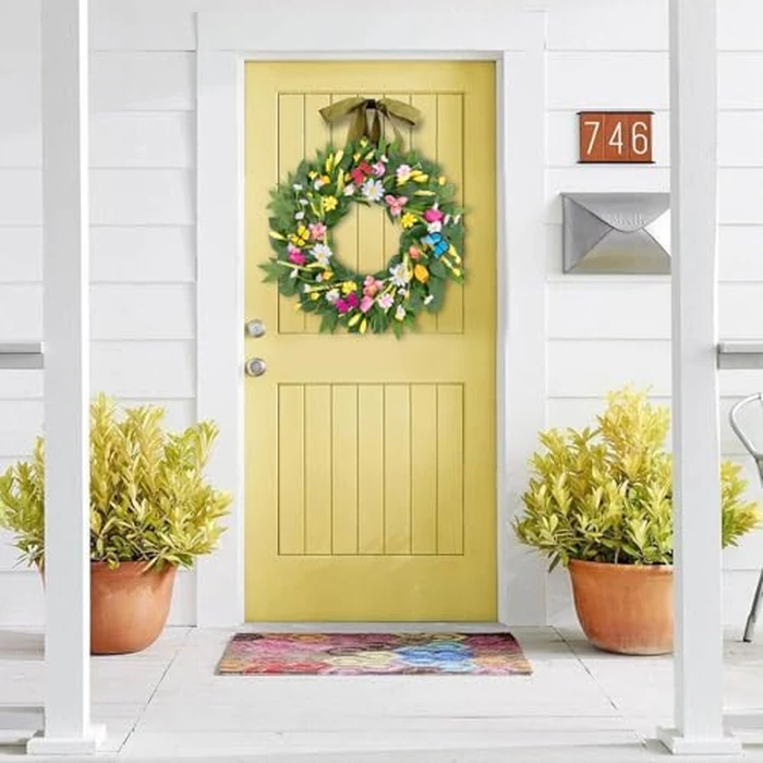 U'Artlines 22 Inch Tulip Wreath for Front Door, Spring Summer Silk Wreath with Green Leaves Colorful Butterfly Artificial Tulip Flower Wreaths for All Seasons Window Wall Wedding Valentines Day Decor by U'Artlines - Image 2