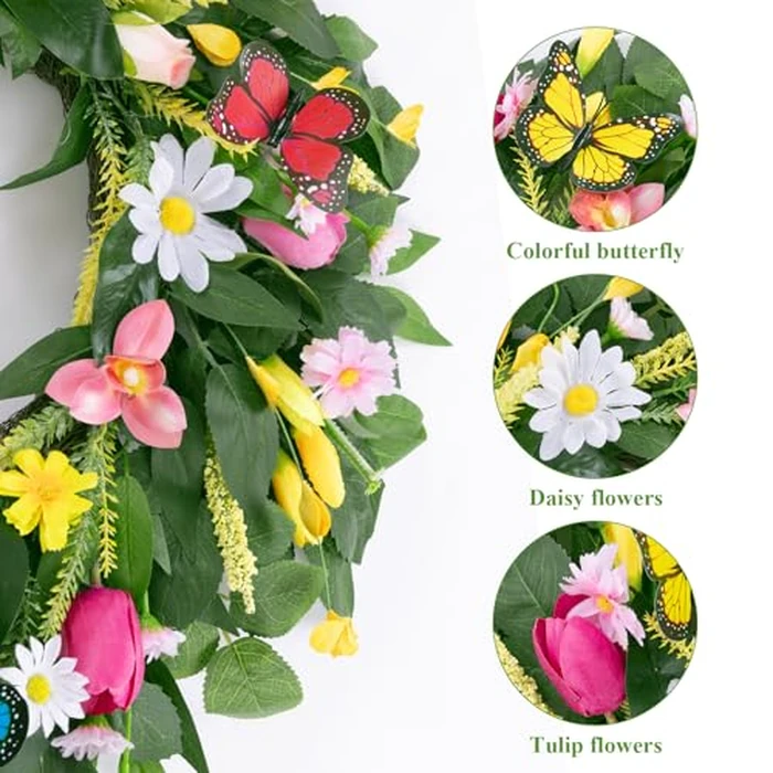 U'Artlines 22 Inch Tulip Wreath for Front Door, Spring Summer Silk Wreath with Green Leaves Colorful Butterfly Artificial Tulip Flower Wreaths for All Seasons Window Wall Wedding Valentines Day Decor by U'Artlines - Image 4