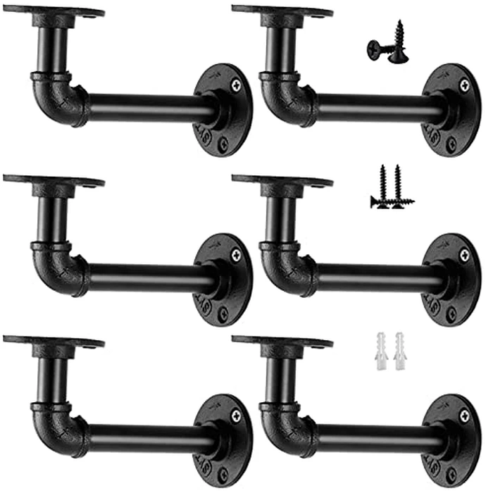 Janyang Industrial Pipe Shelf Brackets for 8 10 12 14 inches Board, Iron L Pipe Floating Shelves, Heavy Duty Metal Shelving Brackets - 6 Pack Black by Janyang - Used - Very Good condition