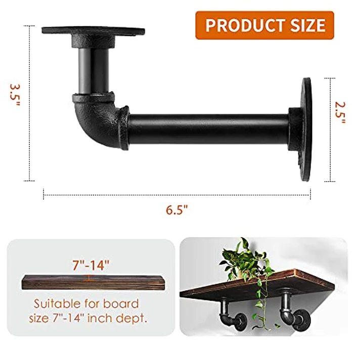Janyang Industrial Pipe Shelf Brackets for 8 10 12 14 inches Board, Iron L Pipe Floating Shelves, Heavy Duty Metal Shelving Brackets - 6 Pack Black by Janyang - Image 2