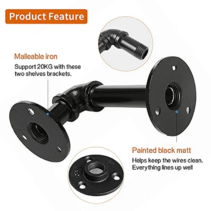 Janyang Industrial Pipe Shelf Brackets for 8 10 12 14 inches Board, Iron L Pipe Floating Shelves, Heavy Duty Metal Shelving Brackets - 6 Pack Black by Janyang - Image 3