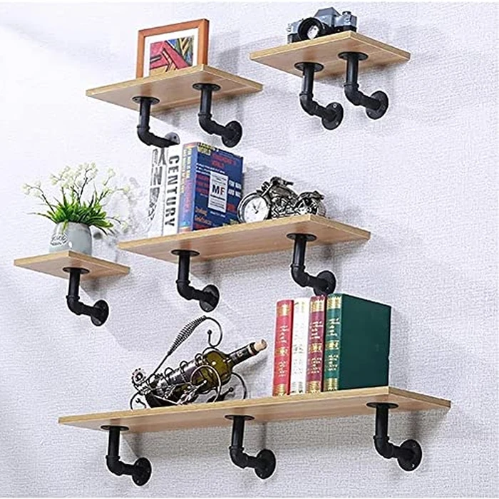 Janyang Industrial Pipe Shelf Brackets for 8 10 12 14 inches Board, Iron L Pipe Floating Shelves, Heavy Duty Metal Shelving Brackets - 6 Pack Black by Janyang - Image 5