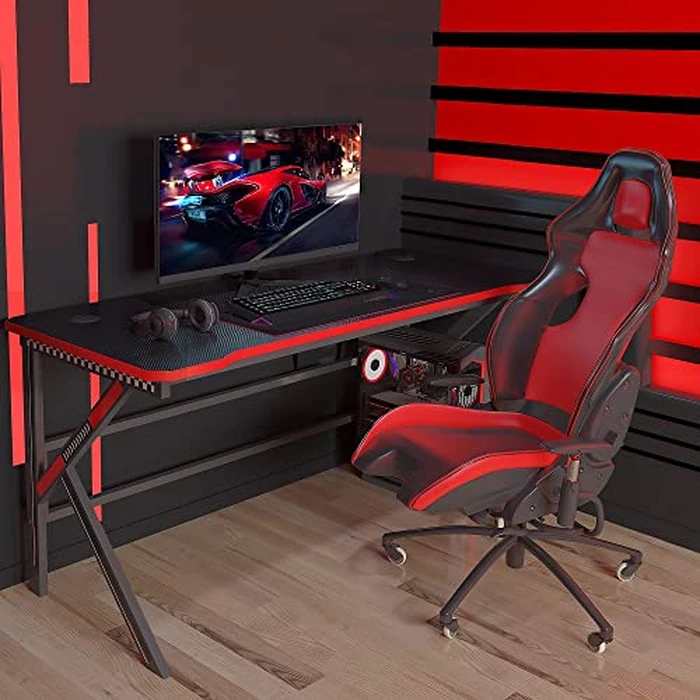 Gaming Desk, Arespark 140x60cm PC Computer Gaming Desk, Home Office Desk with Carbon Fiber Tabletop/Steel Frame/Cable Management/Large Mouse Pad, Gamer Workstation Table Gift, K Shaped (55x23.6inch) by Arespark - Image 2