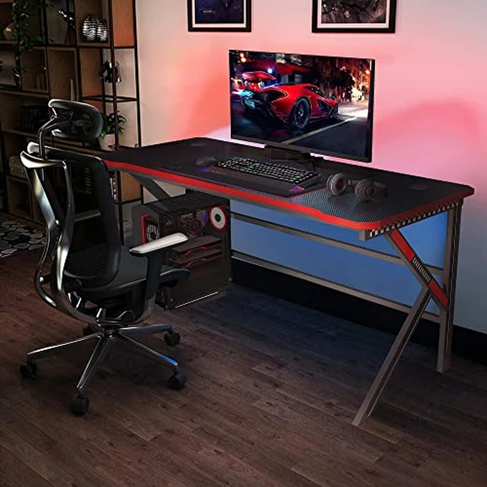 Gaming Desk, Arespark 140x60cm PC Computer Gaming Desk, Home Office Desk with Carbon Fiber Tabletop/Steel Frame/Cable Management/Large Mouse Pad, Gamer Workstation Table Gift, K Shaped (55x23.6inch) by Arespark - Image 3