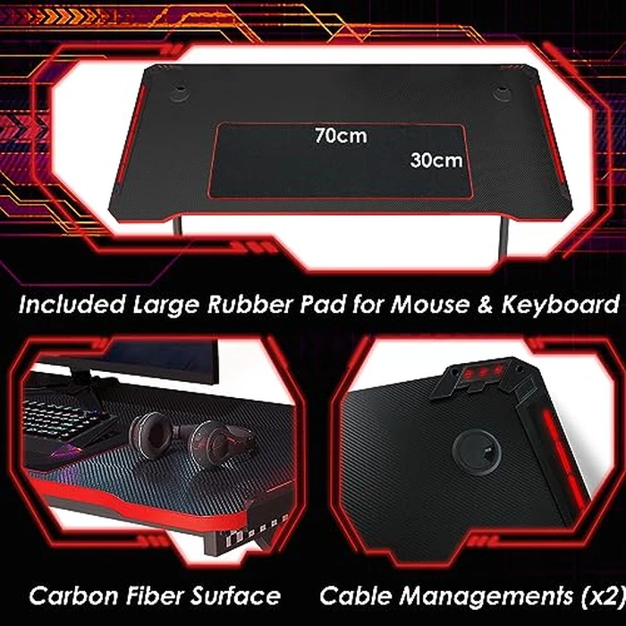 Gaming Desk, Arespark 140x60cm PC Computer Gaming Desk, Home Office Desk with Carbon Fiber Tabletop/Steel Frame/Cable Management/Large Mouse Pad, Gamer Workstation Table Gift, K Shaped (55x23.6inch) by Arespark - Image 4