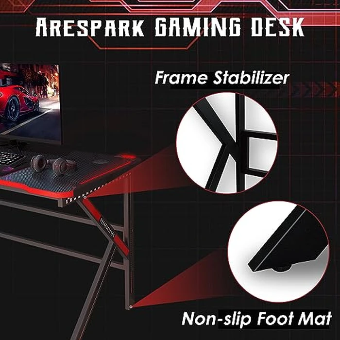 Gaming Desk, Arespark 140x60cm PC Computer Gaming Desk, Home Office Desk with Carbon Fiber Tabletop/Steel Frame/Cable Management/Large Mouse Pad, Gamer Workstation Table Gift, K Shaped (55x23.6inch) by Arespark - Image 5