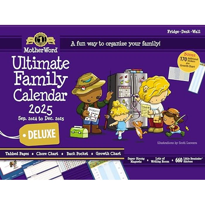2025 MotherWord Deluxe Ultimate Family Calendar and Chore Chart, 16-Month Family Planner, Sept 2024-Dec 2025, English, Large Deluxe Version, 18" x 13.5" (MWFCT12825) by MotherWord - Image 1