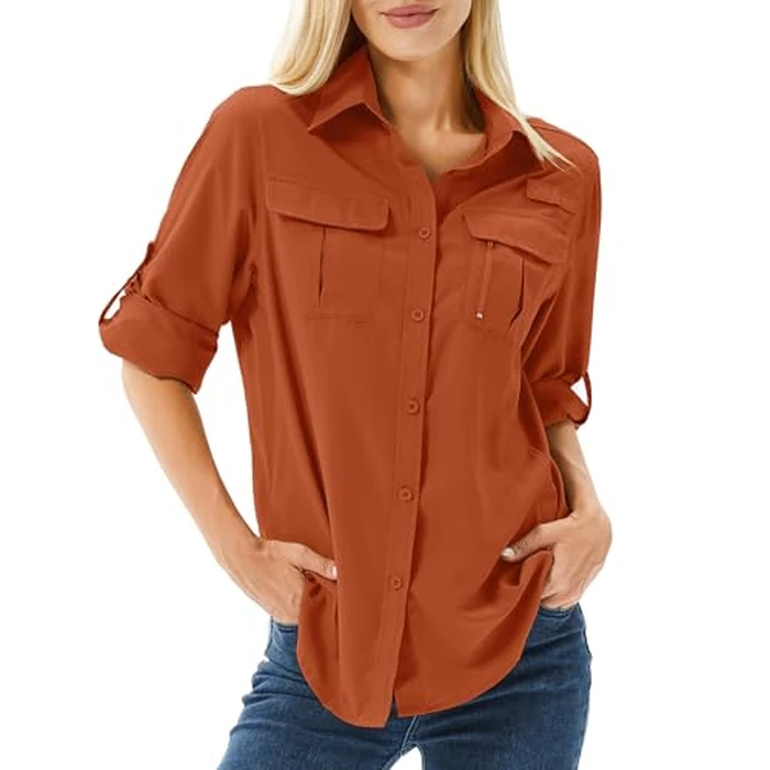 Women's UPF 50+ Long Sleeve UV Sun Protection Shirts, Fishing Hiking Travel Shirt,Breathable and Fast Dry(5071,Watermelon Red,M) by Toumett - Used - Like New condition