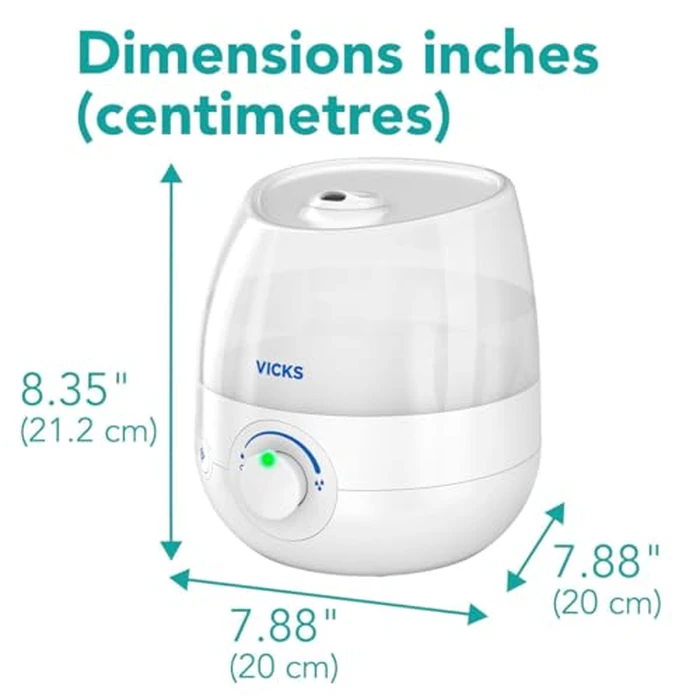 Vicks VUL525C Mini Filter-Free Cool Mist Humidifier for Baby, Bedroom, Office Desk, with Variable Output Control, Dual Scent Pad Slots, Auto Shut-off, 1.9L by Vicks - Used - Good condition - CA$39.53
