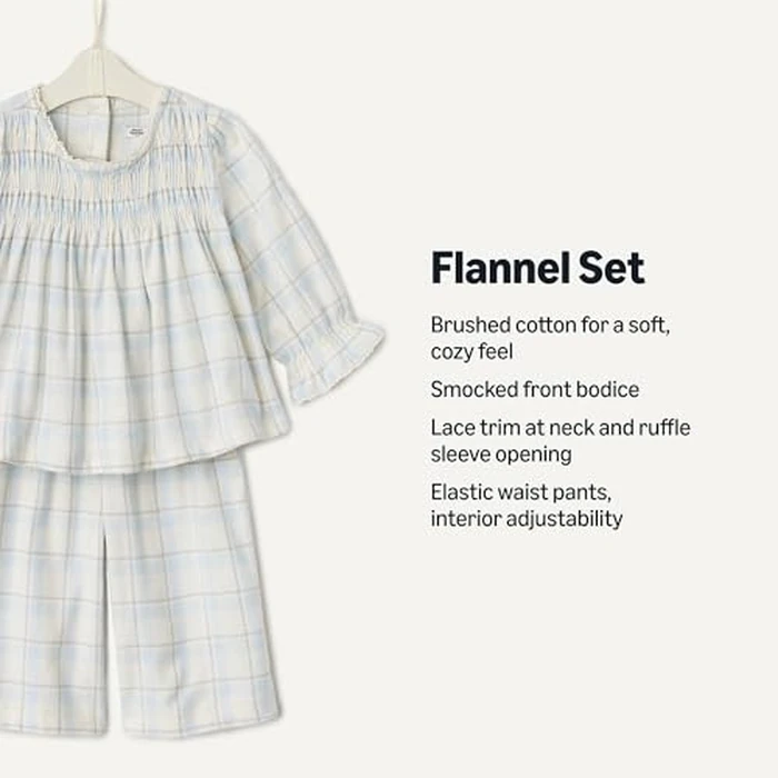 Amazon Essentials x Sofia Grainge Baby Girls' Long Sleeve Flannel Set, Ivory Light Blue Simple Plaid, 24 Months by Amazon Essentials - Image 3