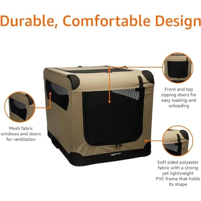Amazon Basics Folding Soft Crate for Cat, Dog, Rabbit, Portable and Collapsible, 91cm, Tan,91.4cm L x 61.0cm W x 61.0cm H by Amazon Basics - Image 4