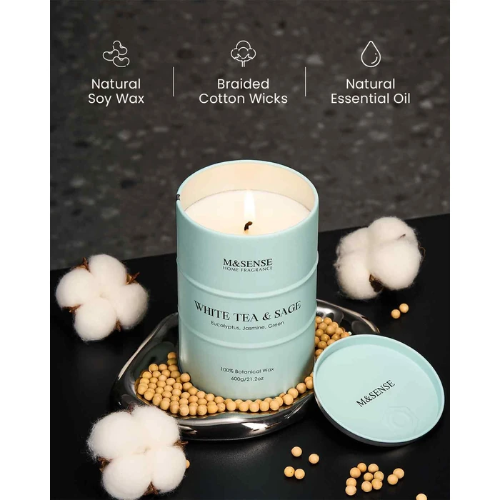 M&SENSE White Tea Sage Scented Candles Large, Natural Soy Candles 21.2oz 120 Hour Slow Burning,Aromatherapy Candle for Stress Relief Meditation Relaxing by M&SENSE - Image 3