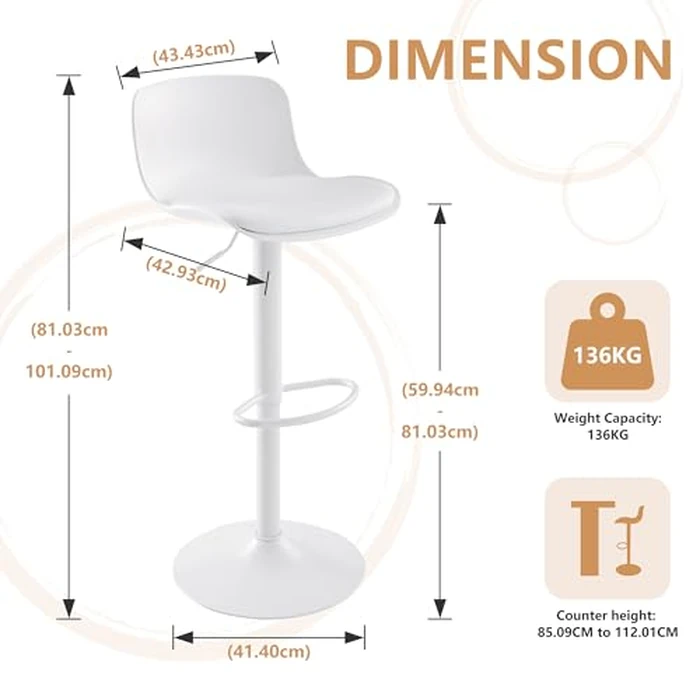 YOUNIKE Modern Bar Stools Set of 2 with Backrest Adjustable Height Faux Leather Upholstery Bar Chairs 360 degrees Swivel Plastic Kitchen Counter Barstool for Breakfast Island, Home Bar White by YOUNIKE - Image 2