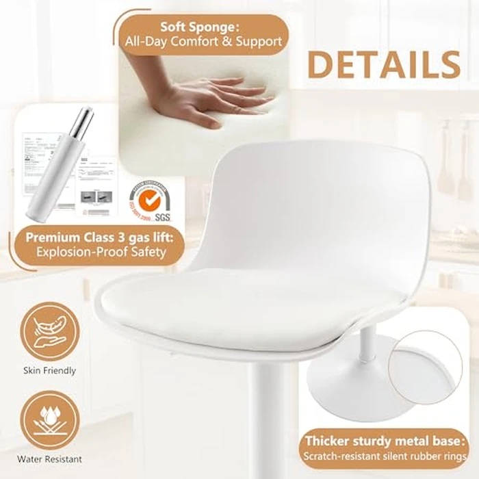YOUNIKE Modern Bar Stools Set of 2 with Backrest Adjustable Height Faux Leather Upholstery Bar Chairs 360 degrees Swivel Plastic Kitchen Counter Barstool for Breakfast Island, Home Bar White by YOUNIKE - Image 4