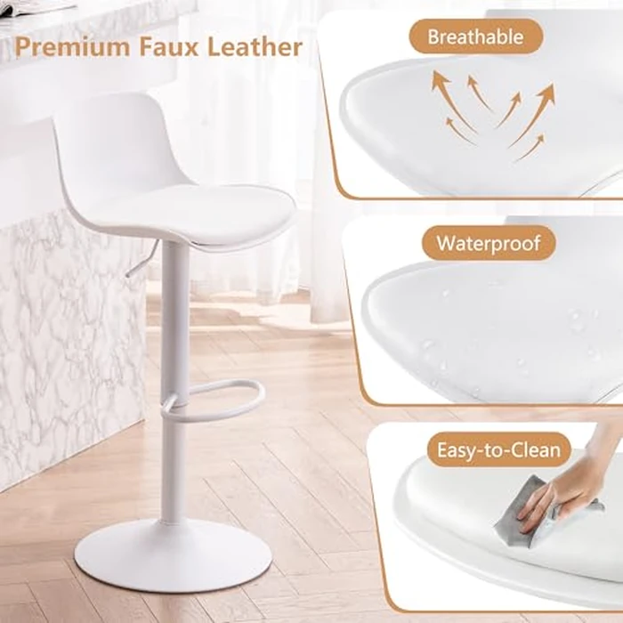 YOUNIKE Modern Bar Stools Set of 2 with Backrest Adjustable Height Faux Leather Upholstery Bar Chairs 360 degrees Swivel Plastic Kitchen Counter Barstool for Breakfast Island, Home Bar White by YOUNIKE - Image 5