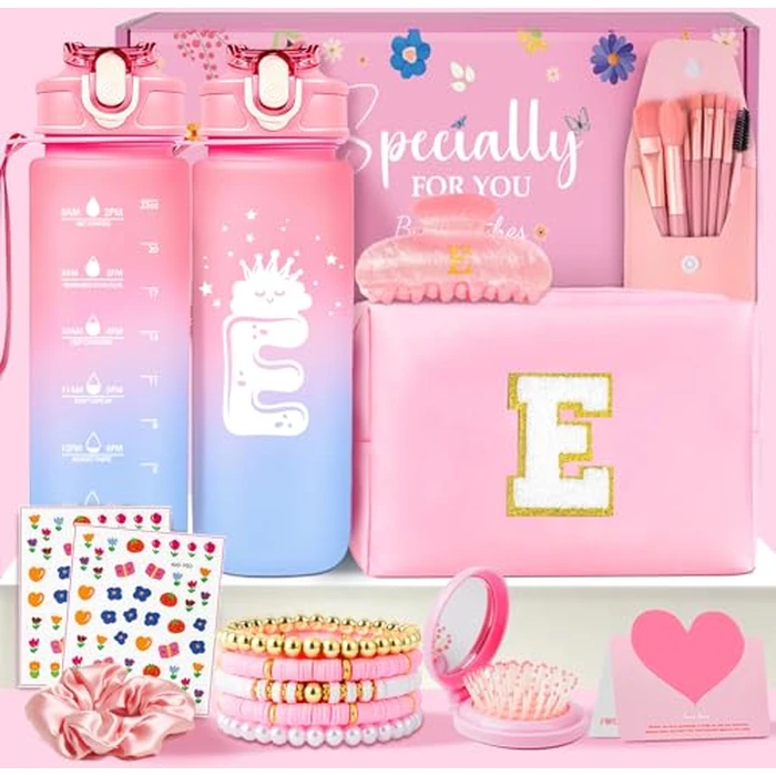 Initial Makeup Bag - Birthday Gifts for 4 5 6 7 8 9 10 11 12 Year Old Teenage Girls, Personalized Teen Girl Stuff - Preppy Cosmetic Bags Cute Claw Clips for Tween Girls Women (Pink E) by Awfrky - Image 1