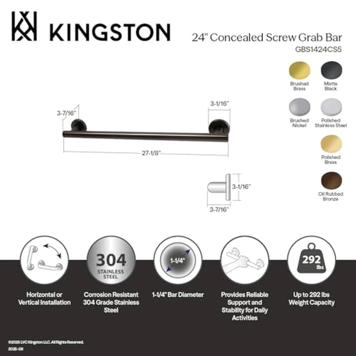Kingston Brass GBS1424CS8 Berwyn 24-Inch x 1-1/4-Inch O.D. Stainless Steel Grab Bar in Brushed Nickel by Kingston Brass - Image 2