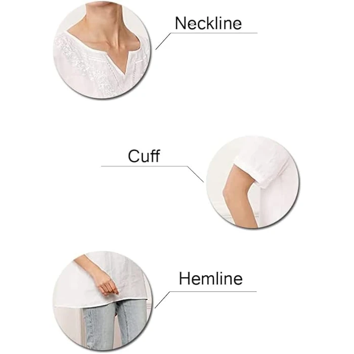 Minibee Women's Linen Shirts Summer Boho Blouse V Neck Short Sleeve Embroidered Tunic Tops White M by Minibee - Image 2