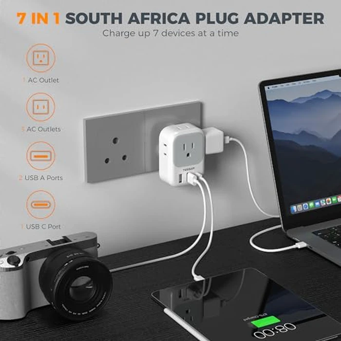 South Africa Plug Adapter 2 Pack, TESSAN Type M Power Adapter with 4 AC Outlets 3 USB Ports(1 USB C), Travel Adaptor US to Botswana Namibia Nepal Bhutan by TESSAN - Image 3