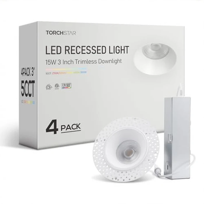 TORCHSTAR LED 3 Inch 15W 5CCT Recessed Lights with J-Box, Receessed Ceiling Light, Round Trimless Downlight, Dimmable, CRI 90, 2700-5000K Selectable, ETL, Pack of 4 by TORCHSTAR - Image 1