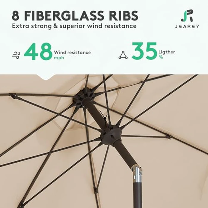 JEAREY 9FT Outdoor Patio Umbrella,Market Table Umbrella with 8 Fiberglass Ribs, Pool Umbrella with Tilt and Crank, UV Protection Lightweight & Wind-Resistant for Lawn, Garden, Deck and Backyard, Beige by JEAREY - Image 5