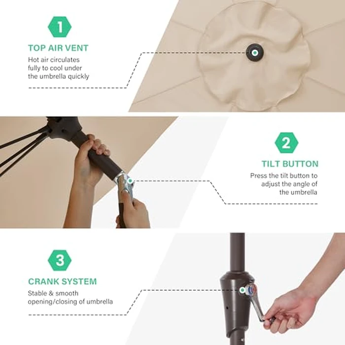 JEAREY 9FT Outdoor Patio Umbrella,Market Table Umbrella with 8 Fiberglass Ribs, Pool Umbrella with Tilt and Crank, UV Protection Lightweight & Wind-Resistant for Lawn, Garden, Deck and Backyard, Beige by JEAREY - Image 7