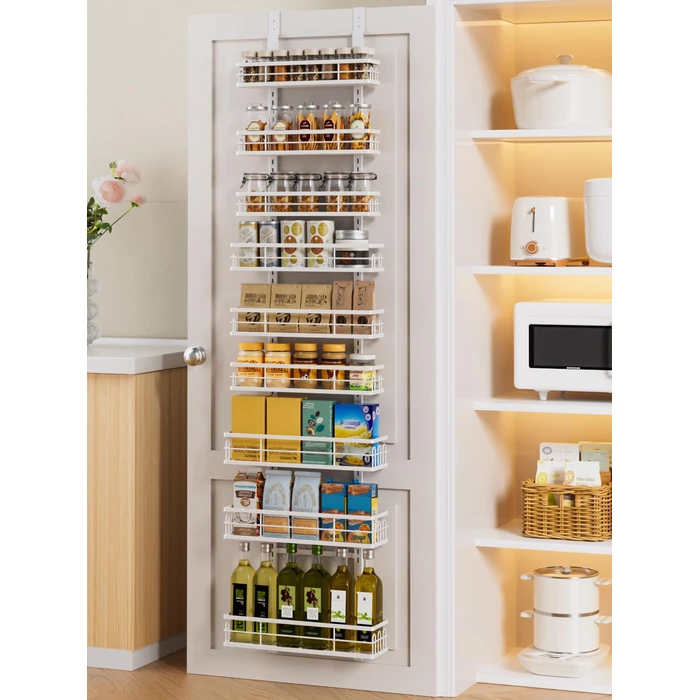 Delamu Narrow 9-Tier Over the Door Pantry Organizer, Adjustable Pantry Storage, Metal Hanging Spice Rack, Cabinet Door Organizer for Kitchen, Bathroom, Laundry Room, 15.3" White by Delamu - Image 1