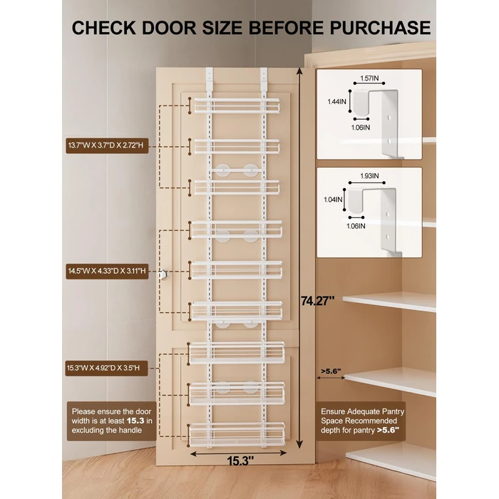 Delamu Narrow 9-Tier Over the Door Pantry Organizer, Adjustable Pantry Storage, Metal Hanging Spice Rack, Cabinet Door Organizer for Kitchen, Bathroom, Laundry Room, 15.3" White by Delamu - Image 2