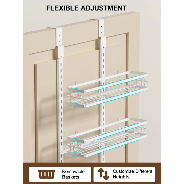 Delamu Narrow 9-Tier Over the Door Pantry Organizer, Adjustable Pantry Storage, Metal Hanging Spice Rack, Cabinet Door Organizer for Kitchen, Bathroom, Laundry Room, 15.3" White by Delamu - Image 5