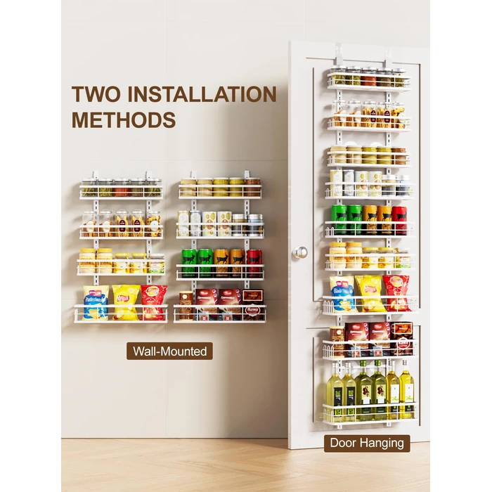 Delamu Narrow 9-Tier Over the Door Pantry Organizer, Adjustable Pantry Storage, Metal Hanging Spice Rack, Cabinet Door Organizer for Kitchen, Bathroom, Laundry Room, 15.3" White by Delamu - Image 6
