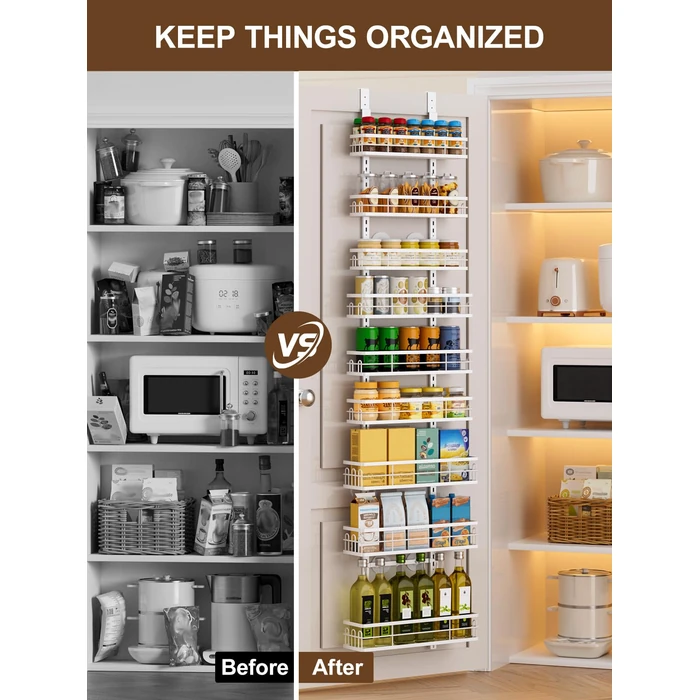 Delamu Narrow 9-Tier Over the Door Pantry Organizer, Adjustable Pantry Storage, Metal Hanging Spice Rack, Cabinet Door Organizer for Kitchen, Bathroom, Laundry Room, 15.3" White by Delamu - Image 8